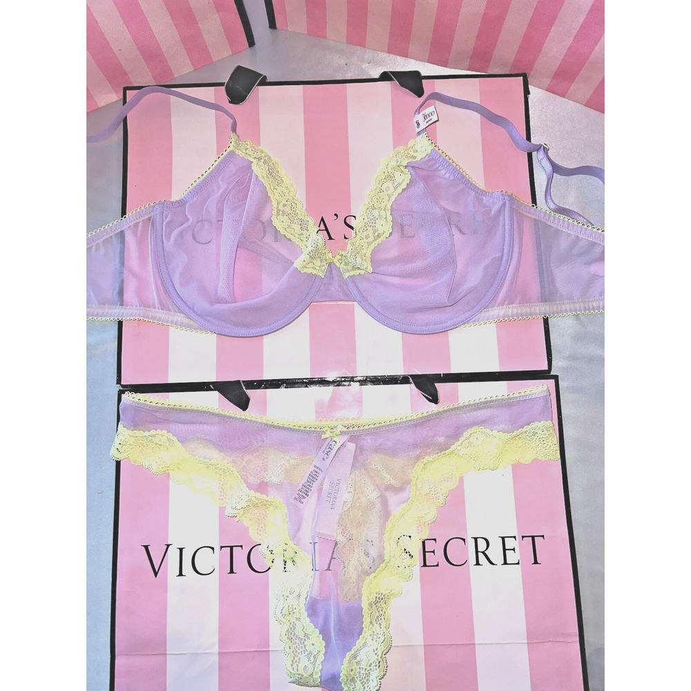 Victoria's Secret Bra Unlined Tease 38DD Large Thong Purple & Yellow